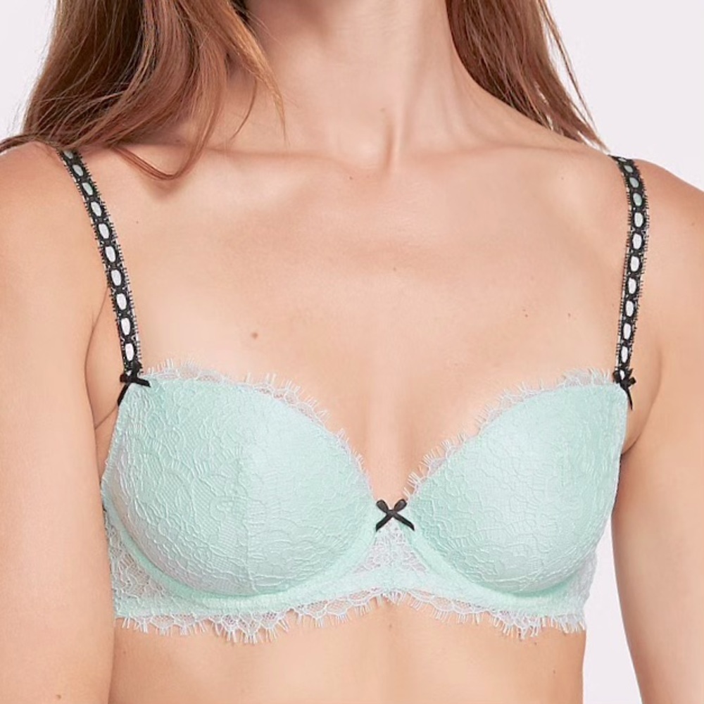 Victoria’s Secret Opal Blue Black Ribbon Slot lined lace demi bra 32DD NWOT